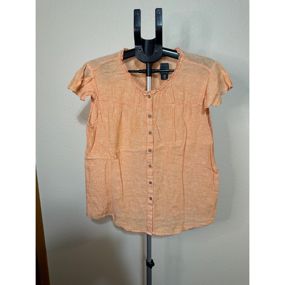 Hester & Orchard Orange Linen Blend Ruffle Neck Button Down Blouse Small